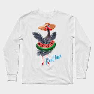 Pool time, cute guinea fowl in watermelon swimming circle and hat Long Sleeve T-Shirt